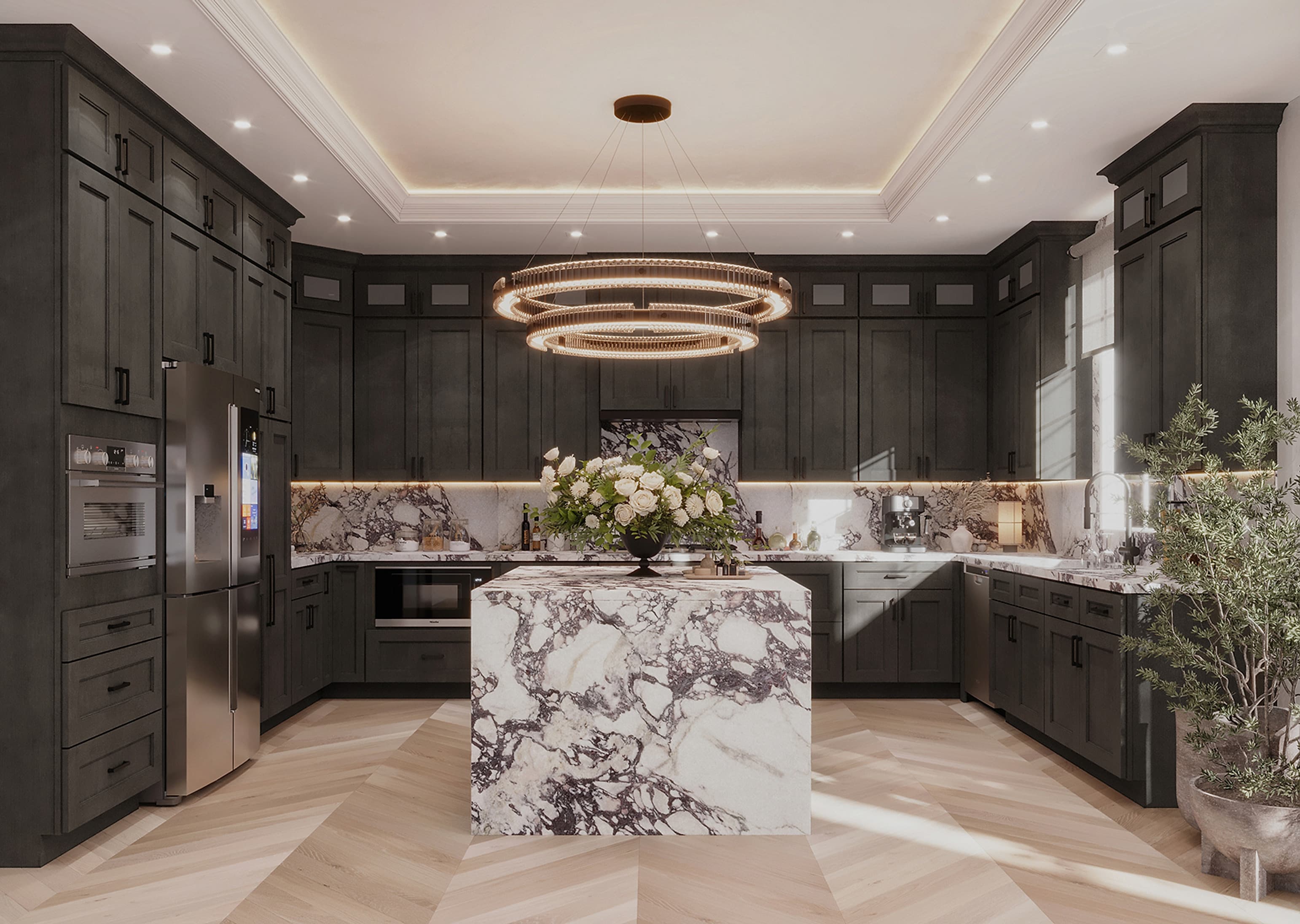 Dark kitchen with marble island