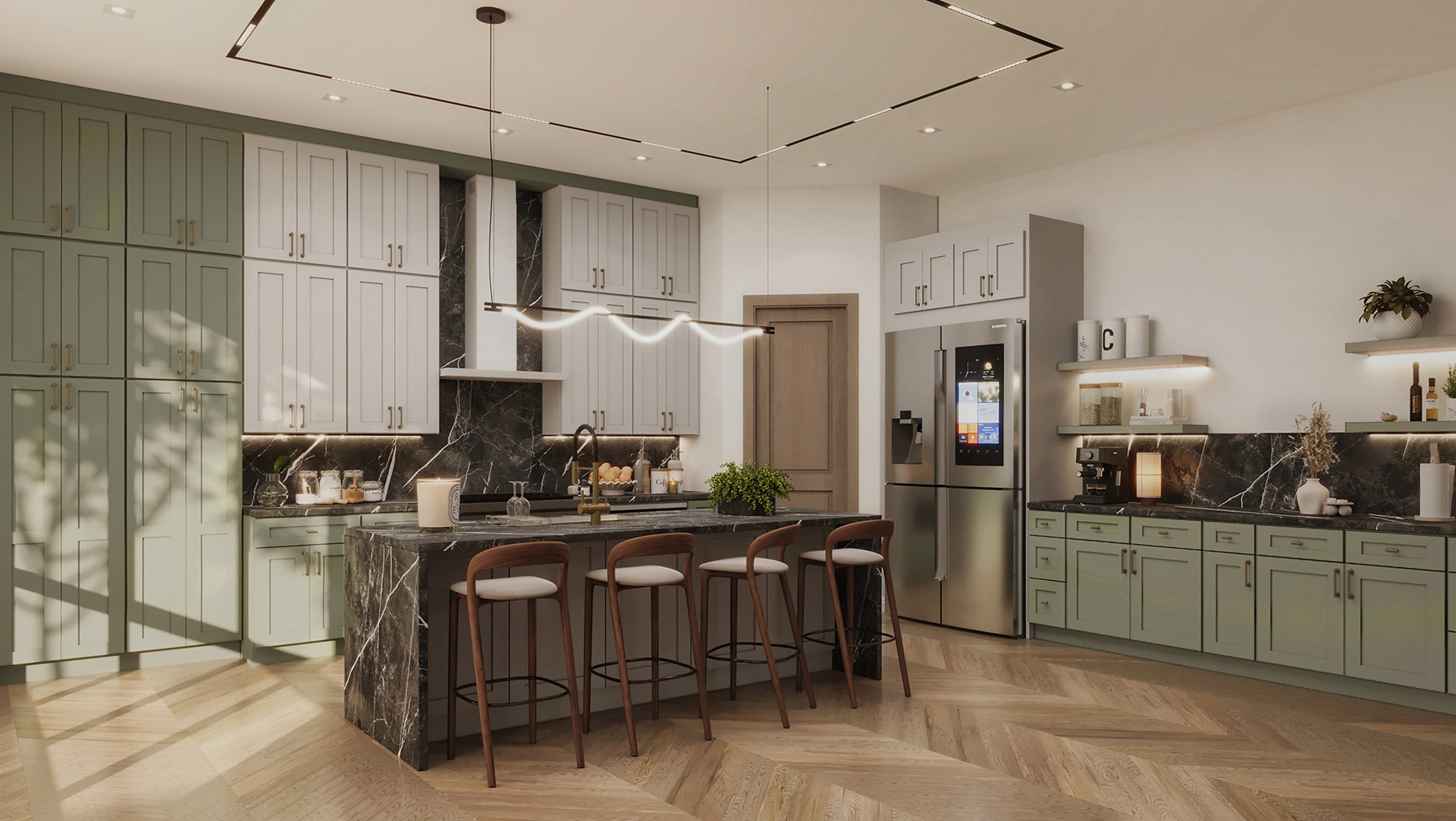 Sage green kitchen with marble island